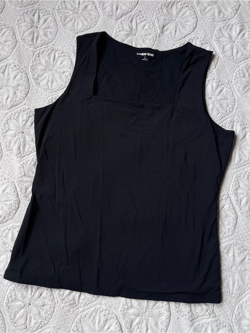 Lands End tank top black square neck nylon double lined large classy